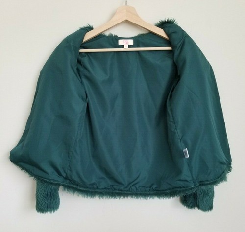 GB Girls Jacket Modern Luxe Green Shaggy Faux Fur Collarless Crop Lined 3 Sizes - Picture 3 of 11
