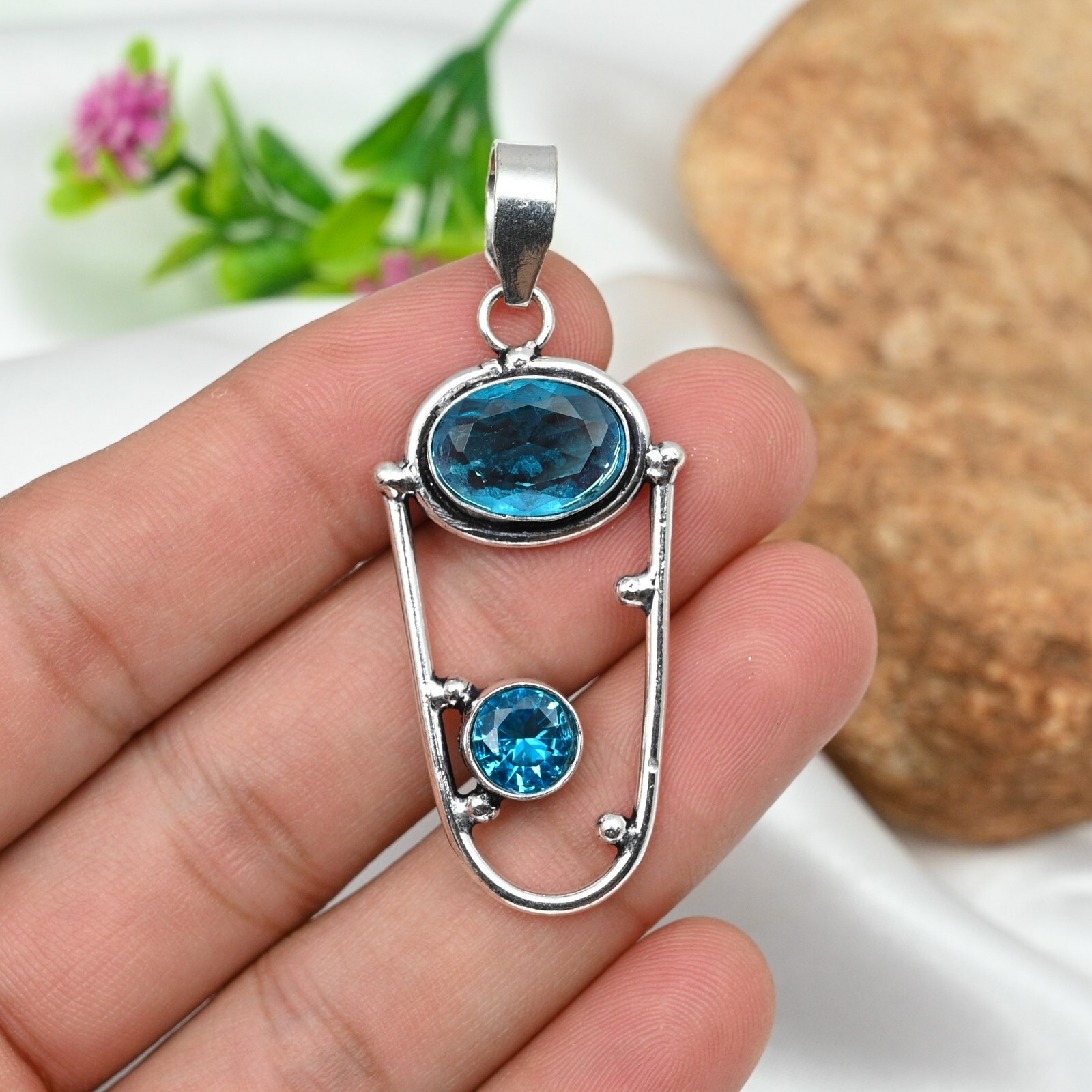 Blue Topaz Sterling Silver Pendant Handmade Fine Jewelry Gift for Her
