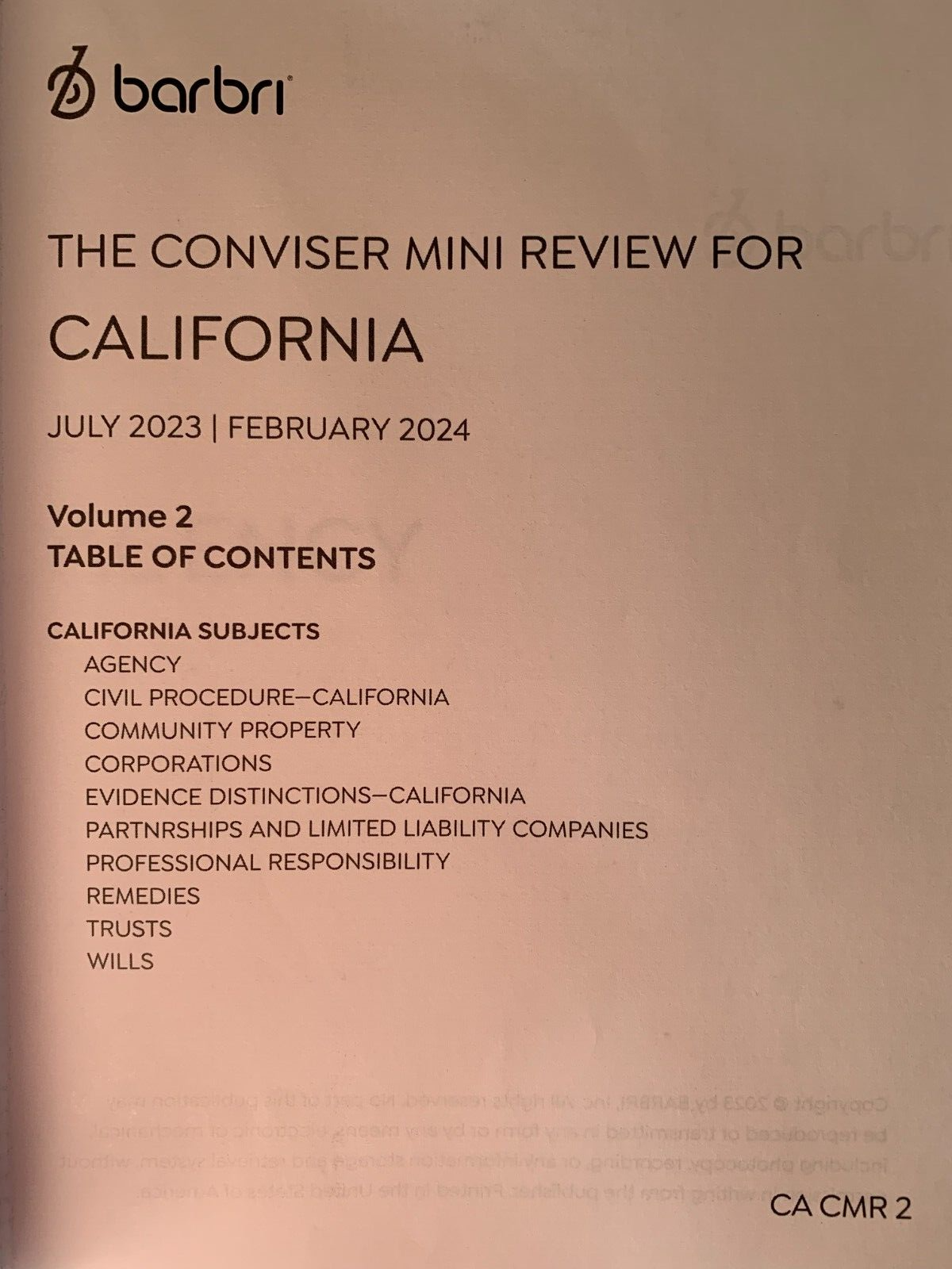 2024 Barbri Bar Exam CONVISER Mini Review For CALIFORNIA CA