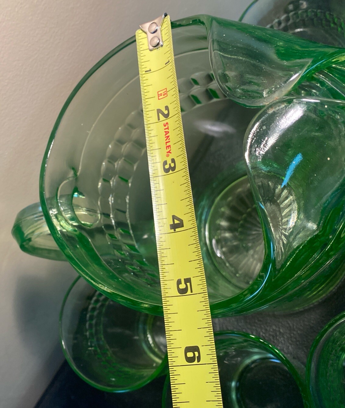 1930’s Anchor Hocking Roulette Water Pitcher W/6 Tumblers UV Reactive Depression