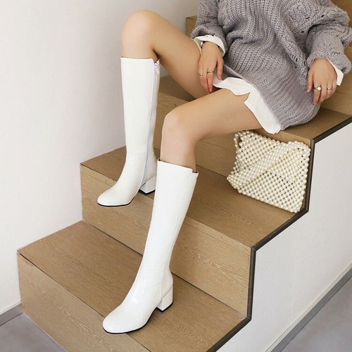 Womens Heels Shoes Round Toe Casual Block Heel Patent Leather Knee High Boots - Picture 5 of 15