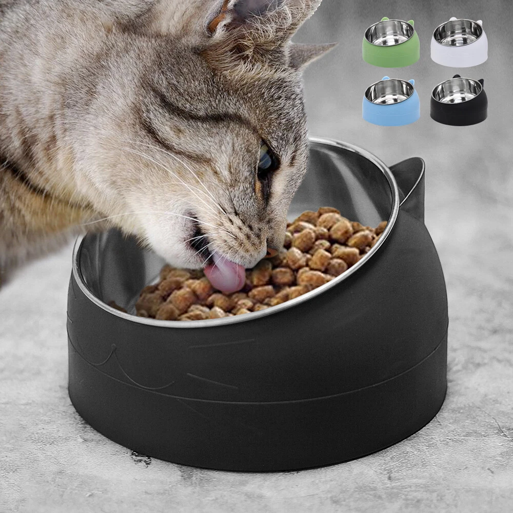 Raised Tilted Cat Bowls Stand Elevated Stainless Steel Pet Dog Food Water  Feeder