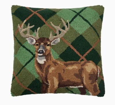Deer Plaid Wool Hooked Pillow 18x18'' NEW Peking Handicraft