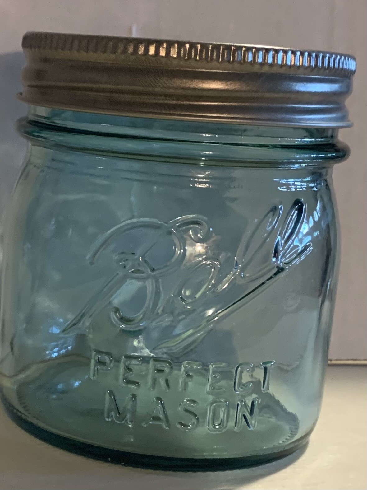 Blue Aqua Ball Half Pint Vintage Mason Jar With Lid And Band Collector's Edition