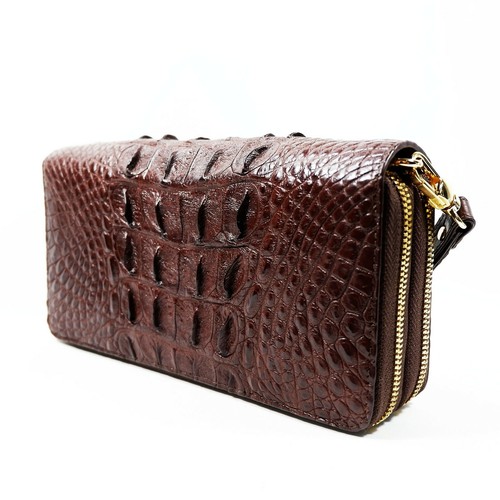 New Real Brown Croc Leather Back Skin Women Double Zipper Clutch Wallet Purse. - Picture 3 of 12