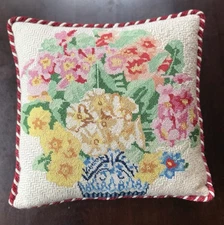 Vintage Handmade Needlepoint Pillow Cream Flowers Blue Vase Floral, Feathers 14”