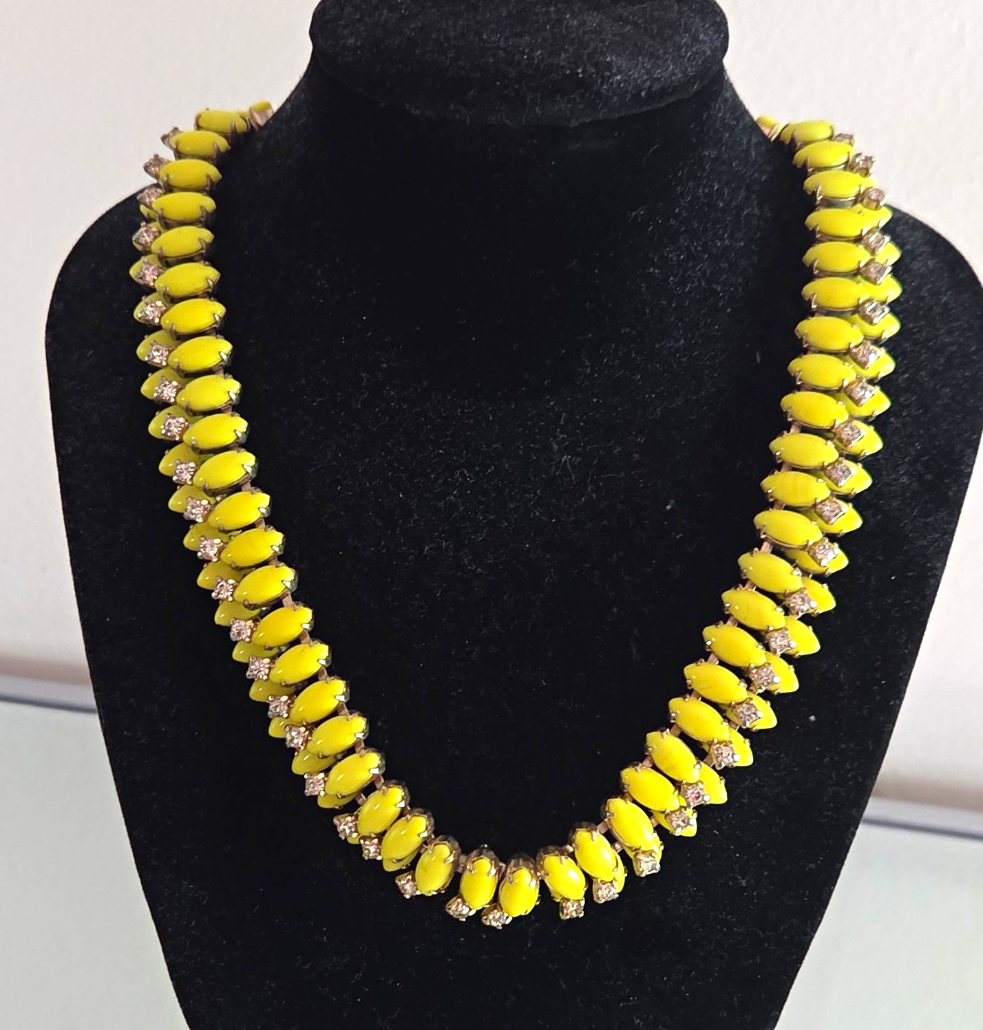 Bright yellow milk glass and rhinestone choker necklace