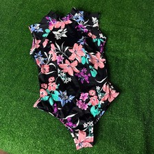 High Neck Floral One Piece Swimsuit Black Multicolor Full Coverage Size M