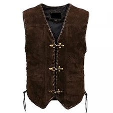 Men's Brown Suede Leather Vest Western Cowboy Biker Vintage Waistcoat Handmade