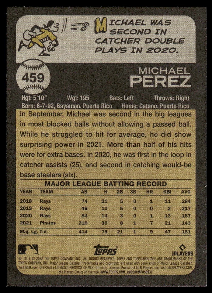 2022 Topps Heritage Michael Perez #459 Short Print Pittsburgh Pirates SP - Image 2 of 2