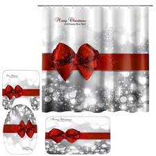 4 Pcs Waterproof Christmas Shower Curtain Set with Bath Rugs Hooks