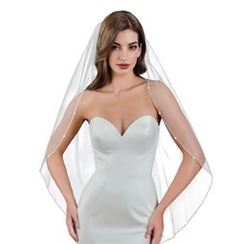 Wedding Veil Pearls Beaded Edge 1 Tier Soft Tulle Bridal Veil with Comb Four ...