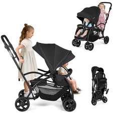 Sit  Stand Double Stroller w/Adjustable Handle Bar Backrests Footrest Canopies