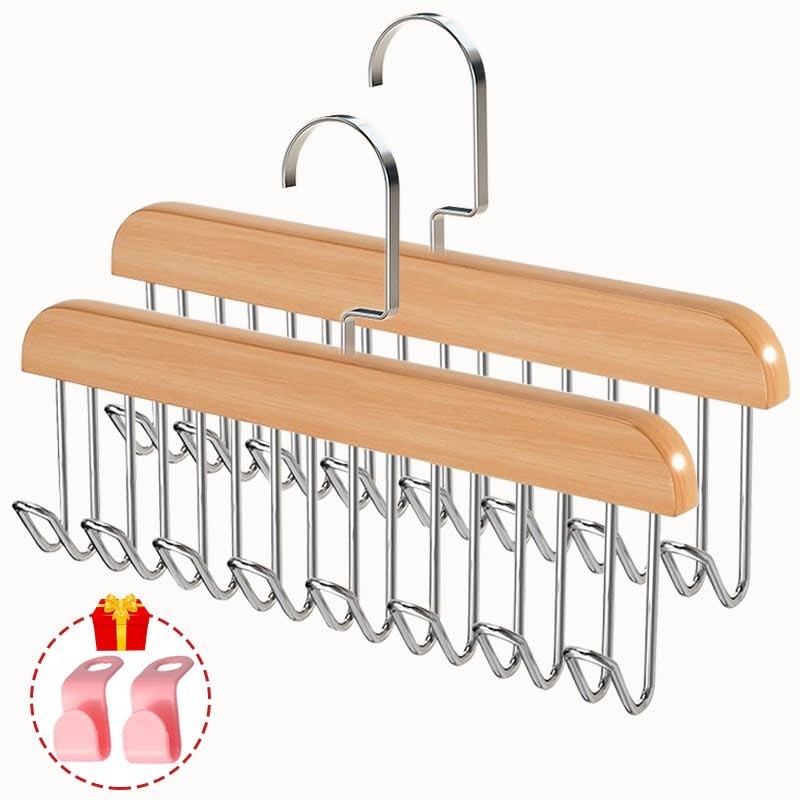 Plowatxi 2 Pack Belt Hanger with 16 Hooks, Non-Slip Wooden Skid-Proof Belt Ho...