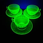Vintage Federal Depression Glass Uranium Block Optic Cup & Saucer Set 3 Sets