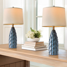 Set of 2 Modern Farmhouse Ceramic Table Lamps - Blue Bedside  Desk Decor