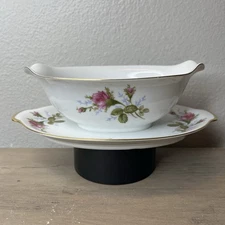 Vintage Moss Rose Japan Gravy Boat with Attached Underplate Pink Rose Gold Trim