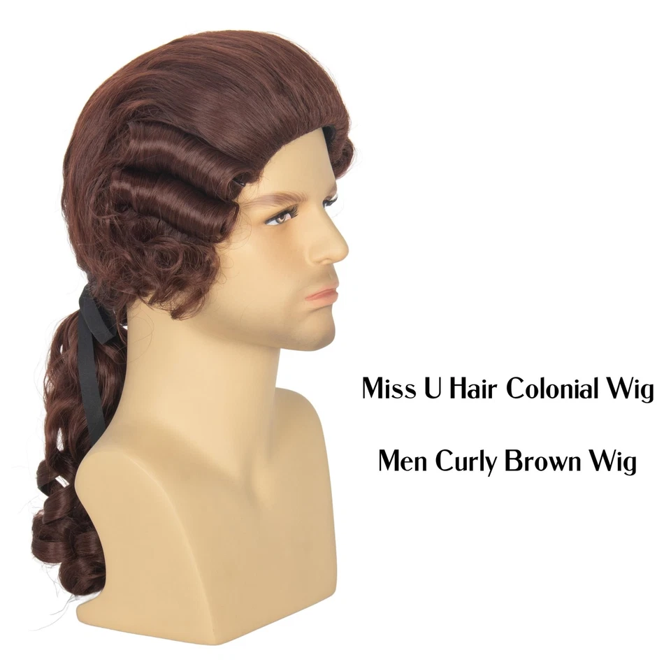 Peluca colonial Miss U cabello marrón peluca en polvo peluca larga ondulada pelucas divertidas para hombres... Foto 3 de 4