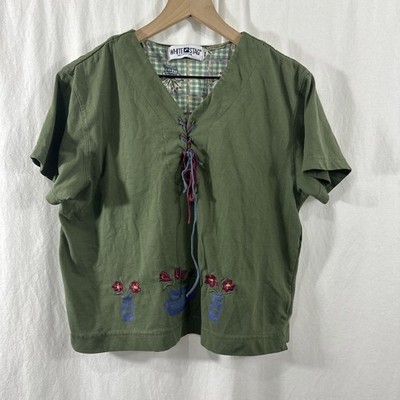 White Stag Vintage Tie Front Embroidered Floral Green Shirt Womens Size M? Y2K