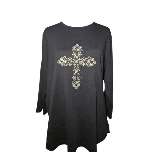 New Quacker Factory Black Cross Shirt Large NWT Rhinestone Studded Cotton QVC