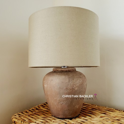 Rustic Ceramic Table Lamp Aged Stone Effect Base & Linen Shade 42cm Siena Brown - Picture 2 of 10