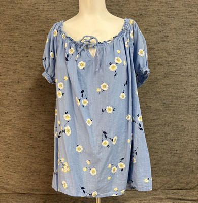 St. John s Bay Blouse Light Blue Floral Cotton blend 2X Cottage Pioneer Daisies