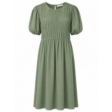 Mango Smocked Bodice Puff Sleeve Midi Dress Sage Green Sz L