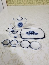 Vintage 10 Piece Miniature Tea Set White With Blue Flowers Hand Painted Doll