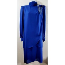 VTG After Dark Blue Pleated Cross Over Ruffle Midi Dress Large Lightweight Soft