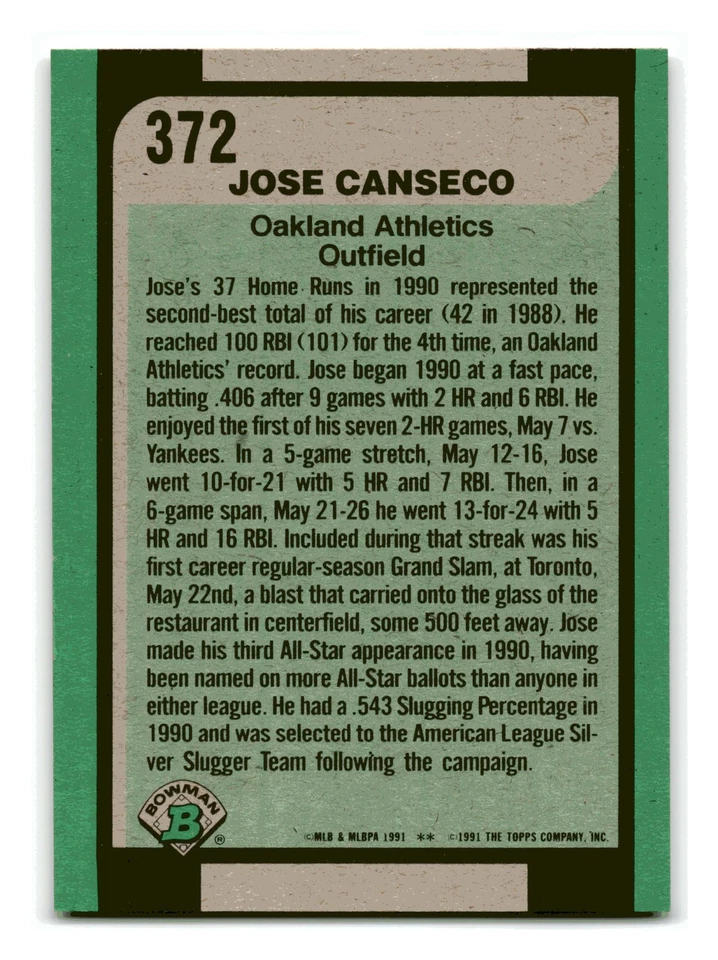 Jose Canseco 1991 Bowman #372 Oakland Athletics Mint to Gem - Image 2 of 2