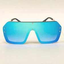 Shield Sunglasses Blue Mirrored Lens Rivet Accents Fashion Statement Lentes New