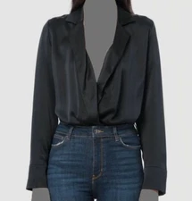 $264 Cami NYC Women's Black Solid The Andi Silk Long Sleeve Bodysuit Size Small