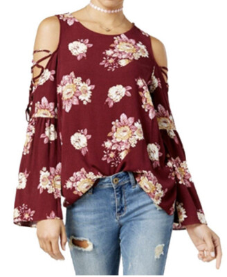 Hippie Rose Cold Shoulders Top Long Sleeve Lace Up Printed Burgundy Floral S