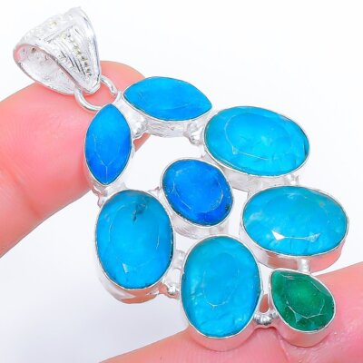 Blue Sapphire, Emerald Gemstone Lab Created Jewelry Pendant 2.2''AK443