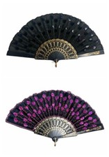 New 2 Pcs. Ladies Black  Hot-Pink Peacock Pattern Sequin Fabric Hand Fan 2044
