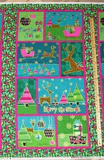 Merry Little Christmas Reindeer Sleigh Metallic Fabric Panel 23" 3024M