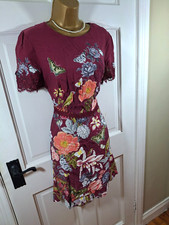Pretty Oasis Red & Multicoloured Floral Lace Trim Dress, UK 14, New With Tag £45