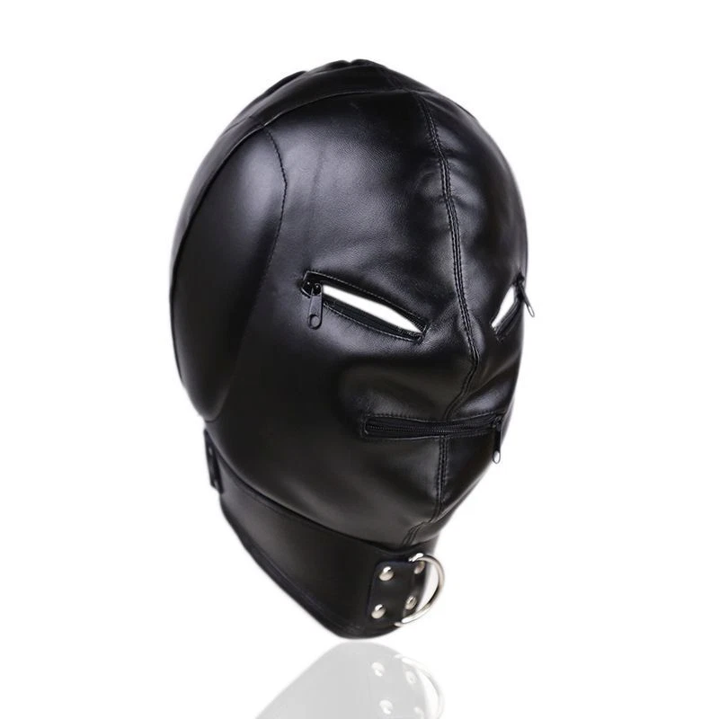 Adult Unisex Sexy PU Leather BDSM Hood Mask Zipper Lace Up Full Cover Headgear
