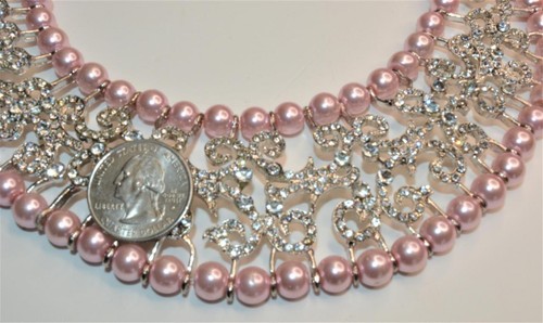 Nwt Plateado Rosa Perlas Imitación Transparente Pedrería 18" Collar Babero - Imagen 3 de 3