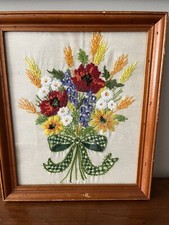 Vintage Spring Floral Bouquet Needlepoint Green Gingham Bow 11x14  Handcrafted