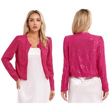 UK Women Sequin Jacket Open Front Zipper Party Bomber Blazer Glitter Coat Shirt