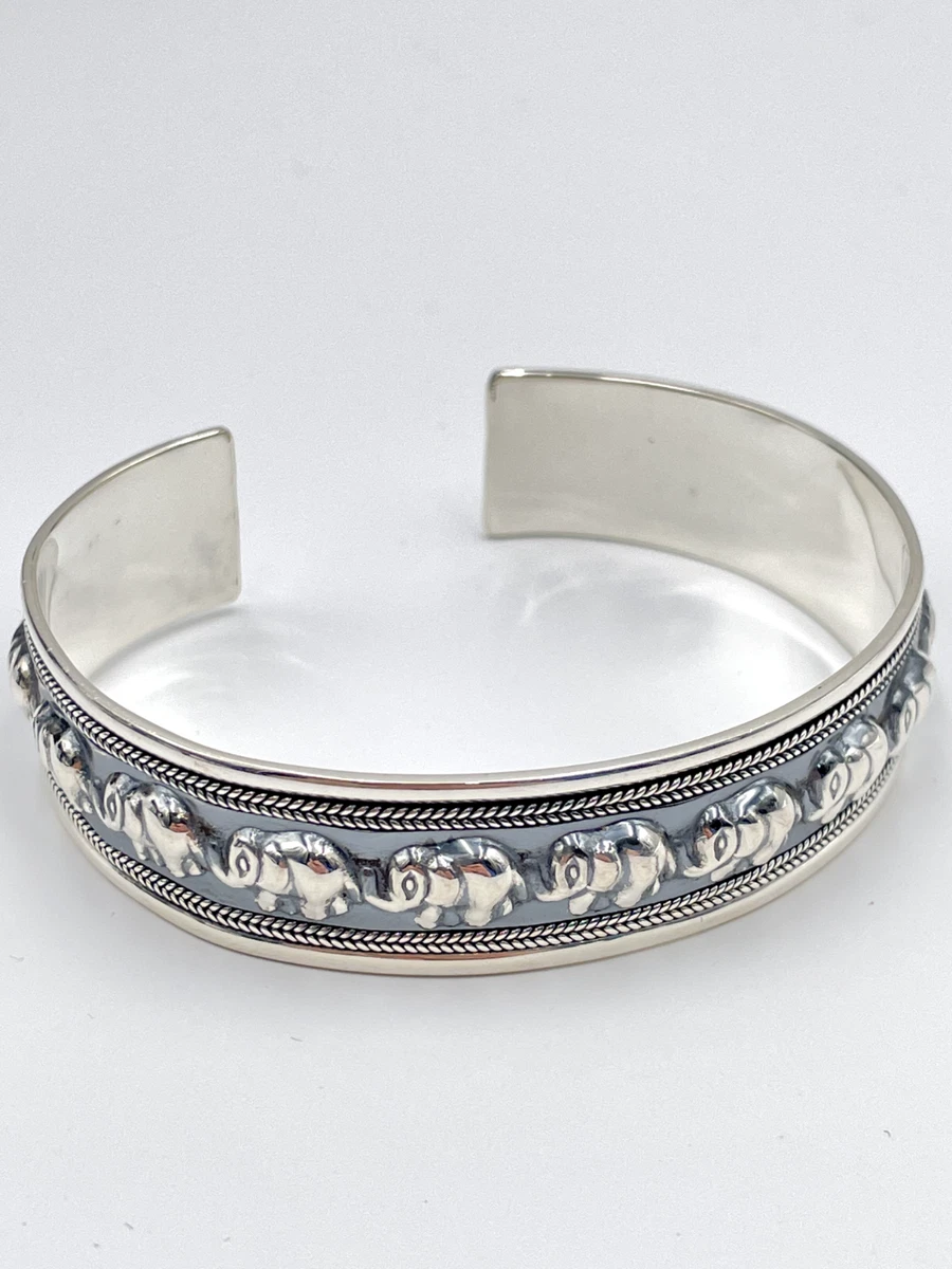 STERLING SILVER 925 ELEPHANT ANTIQUED OPEN CUFF BRACELET 24.1g