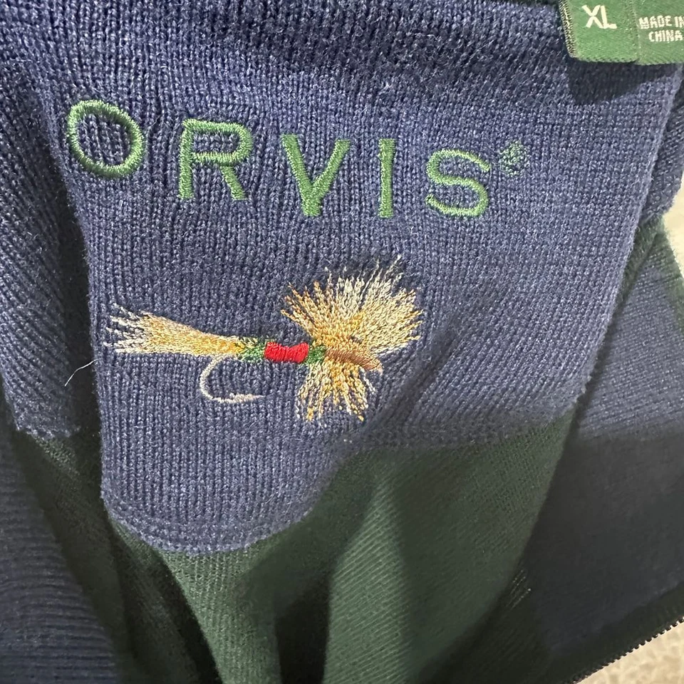 Пуловер Orvis шерсть мериноса четверть молнии свитер XL зеленый вышитый логотип - Изображение 4 из 4