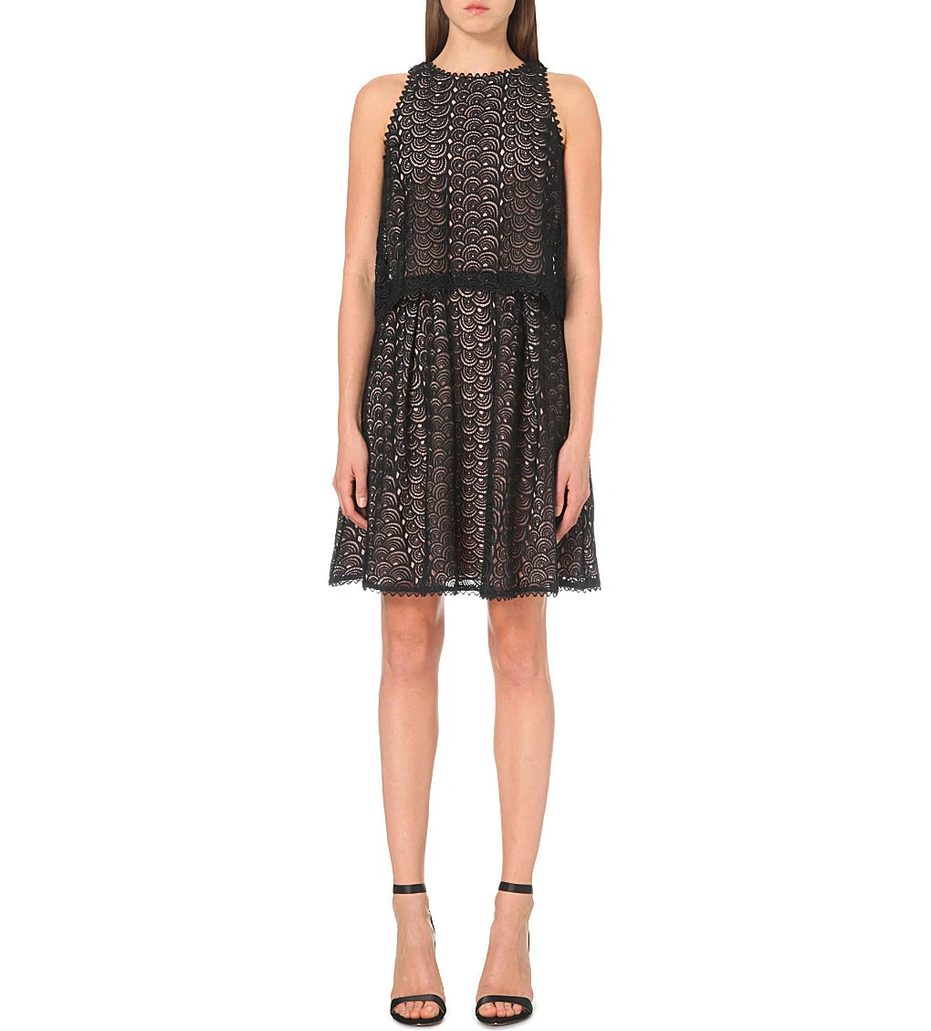 REISS REMI LAYERED LACE CROCHET BLACK SLEEVELESS LINED MINI DRESS UK 6 BNWT