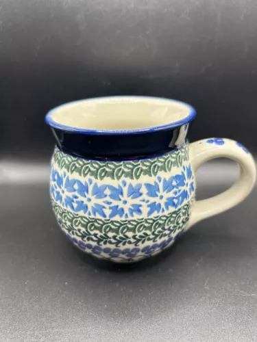 Polish Boleslawiec Pottery Bubble Mug Blue Green Floral 12 oz E.G.-369 Hand Made