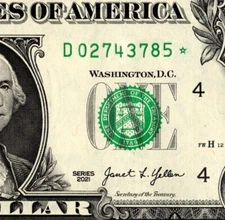 2021 D Star Note One Dollar Bill Regular Run Pack Note D02743785* UNC
