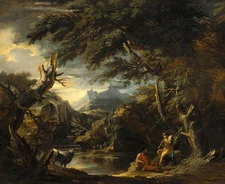 Hand painted Oil painting people playing flute with cows by pond dusk landscape