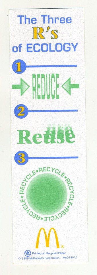 1989 McDonald's Ephemera- Ecology Bookmark- Reduce, Reuse, Recycle | eBay
