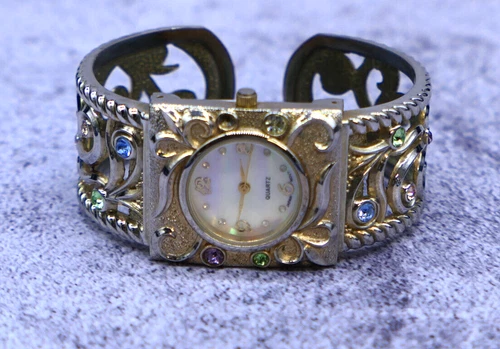 VTG Kessaris Watch Rhinestone Hinge Clamper Bracelet Cuff  2E08BG