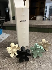 Vivinin Large 4pc Sets Flower Hair Clip Cream & Blk,Tan & Green New In Box 3”